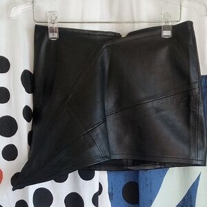 SAMI MIRO VINTAGE Black Leather Asymmetric Mini Skirt, V Waist, Wraparound Waist